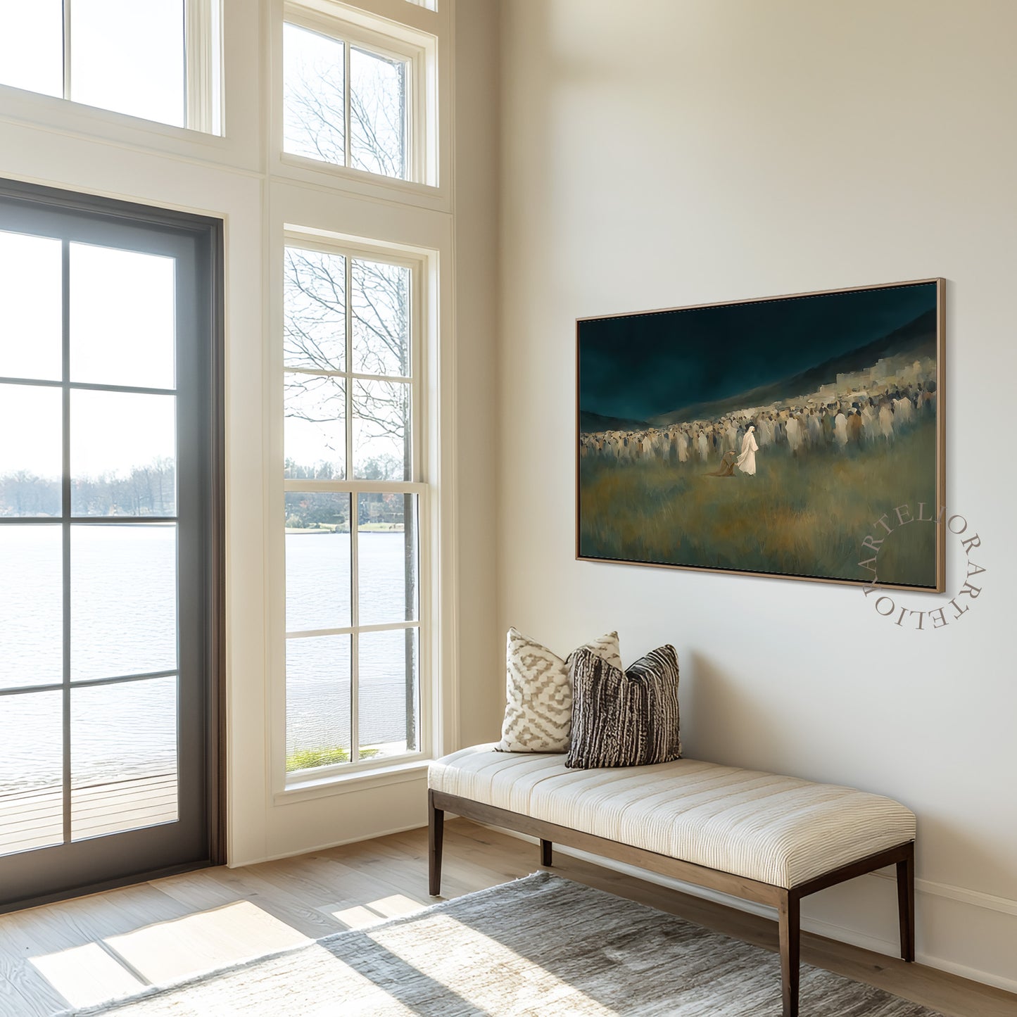 Woman Touched the Hem of Jesus Garment Framed Canvas Christian Wall Art, Green Blue Faith Healing Painting | Artelior