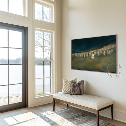Woman Touched the Hem of Jesus Garment Framed Canvas Christian Wall Art, Green Blue Faith Healing Painting | Artelior