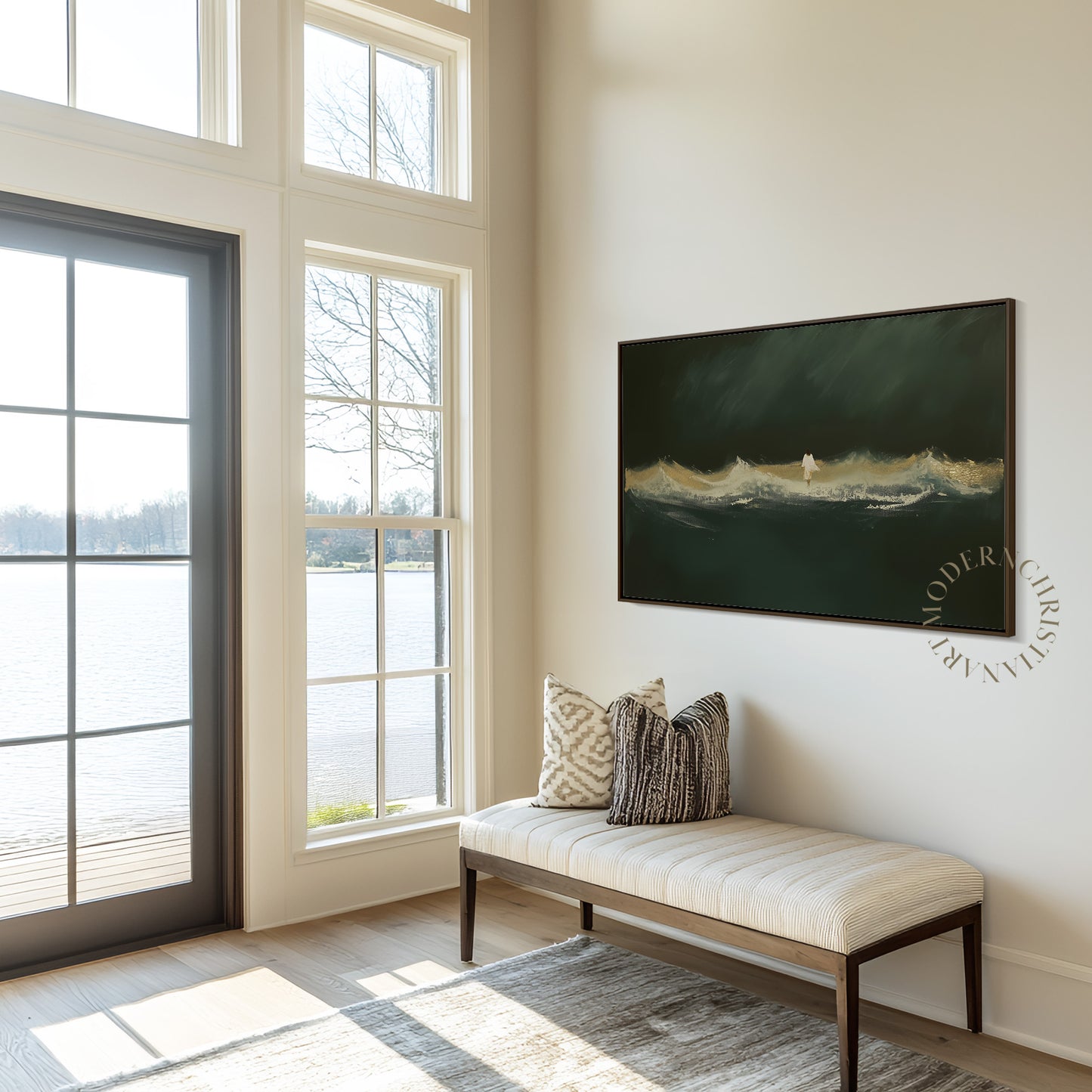 Jesus Walking on Water Framed Canvas · Modern Christian Wall Art · Deep Emerald Green Painting