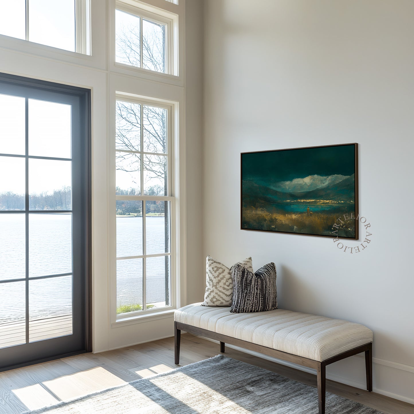 He Leads Me Beside Still Waters Framed Canvas Christian Wall Art, Psalm 23 Jesus and Sheep Emerald Green Landscape | Artelior