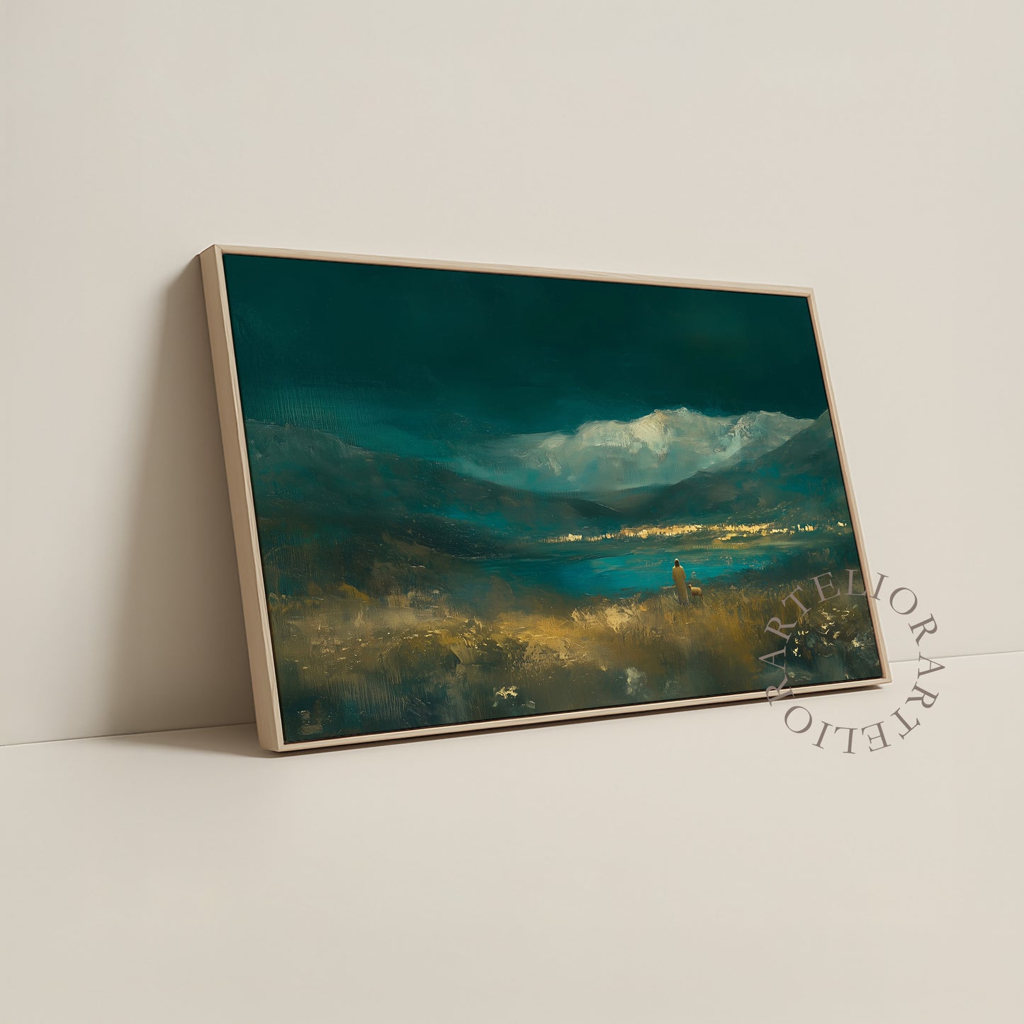 He Leads Me Beside Still Waters Framed Canvas Christian Wall Art, Psalm 23 Jesus and Sheep Emerald Green Landscape | Artelior