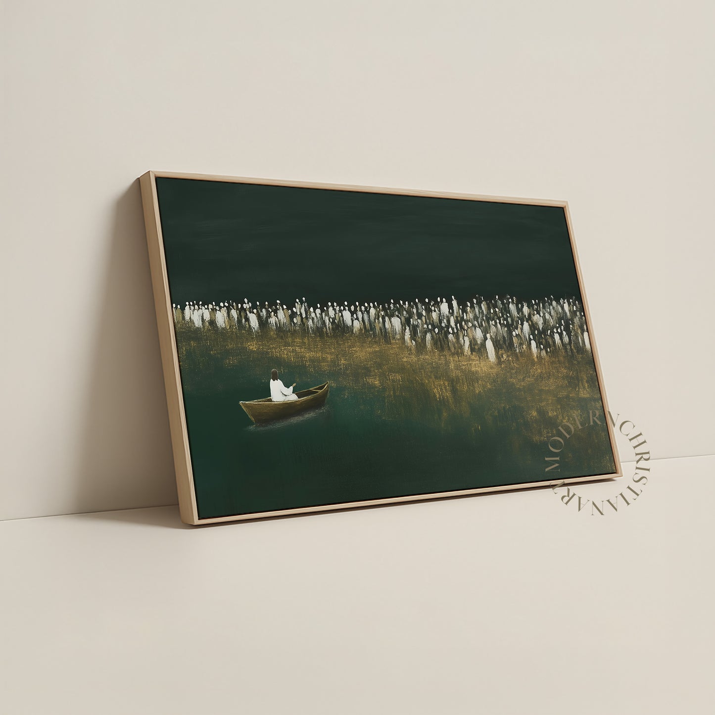 Jesus Teaching from the Boat Framed Canvas · Modern Christian Wall Art · Deep Emerald Green Painting