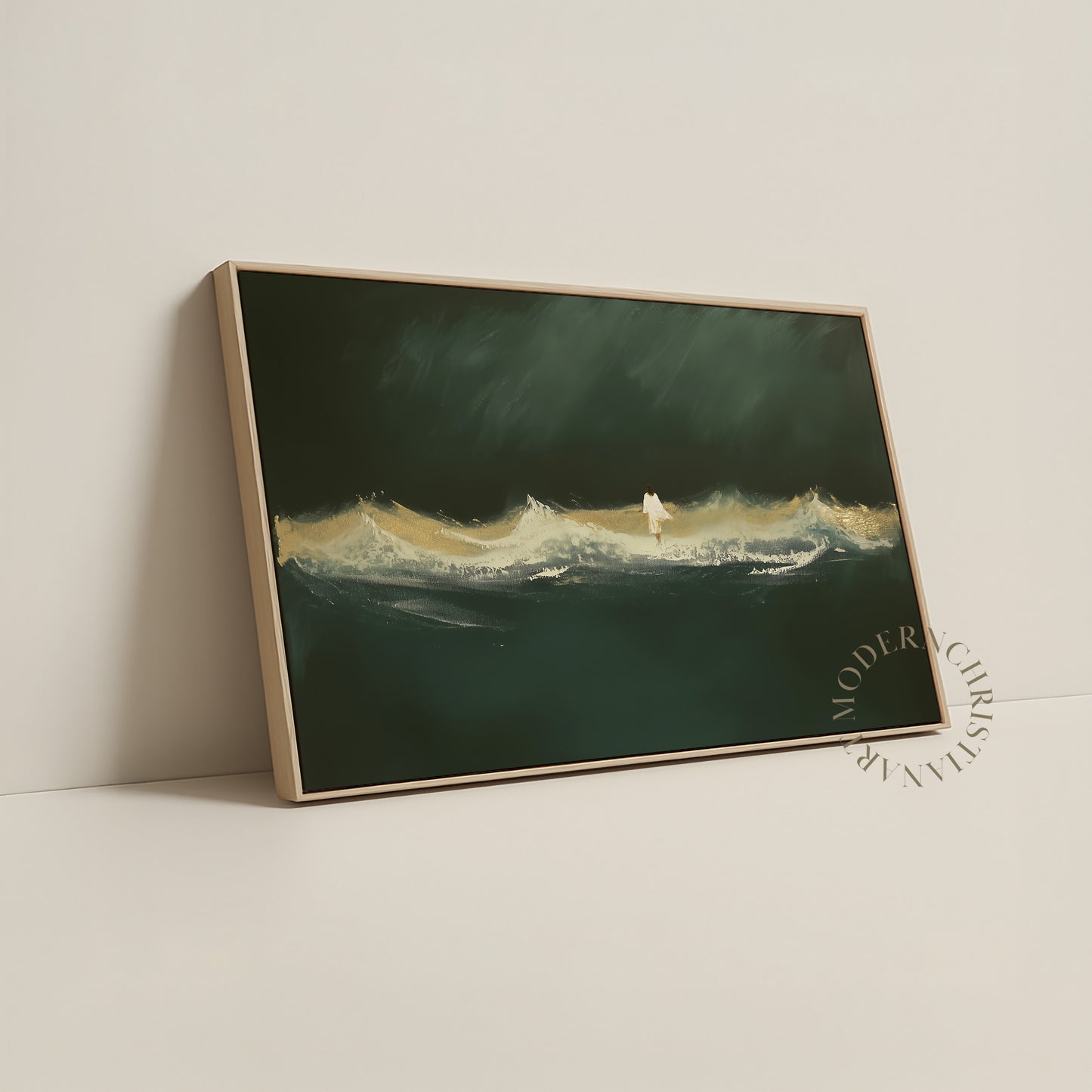 Jesus Walking on Water Framed Canvas · Modern Christian Wall Art · Deep Emerald Green Painting