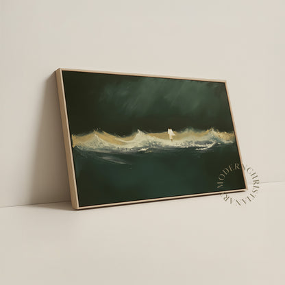 Jesus Walking on Water Framed Canvas · Modern Christian Wall Art · Deep Emerald Green Painting