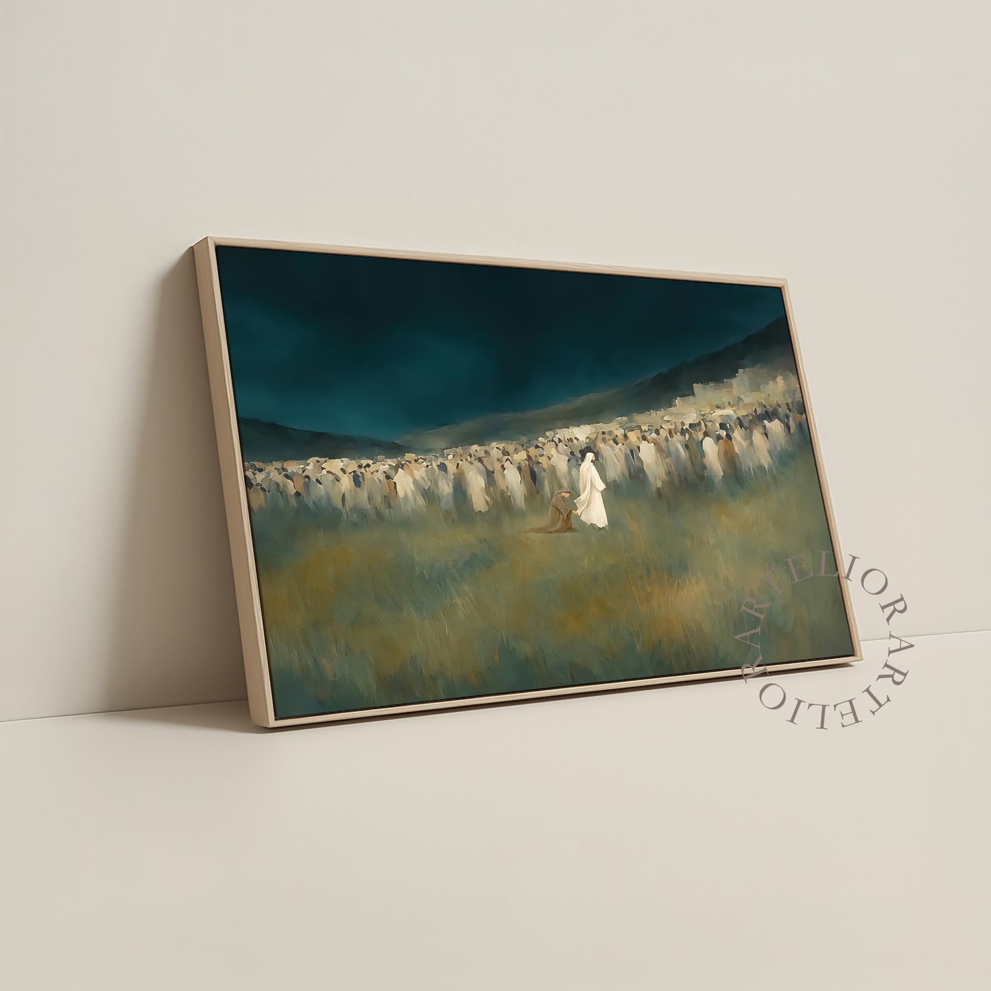 Woman Touched the Hem of Jesus Garment Framed Canvas Christian Wall Art, Green Blue Faith Healing Painting | Artelior