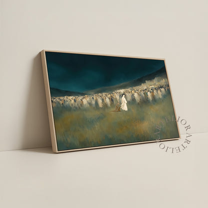 Woman Touched the Hem of Jesus Garment Framed Canvas Christian Wall Art, Green Blue Faith Healing Painting | Artelior