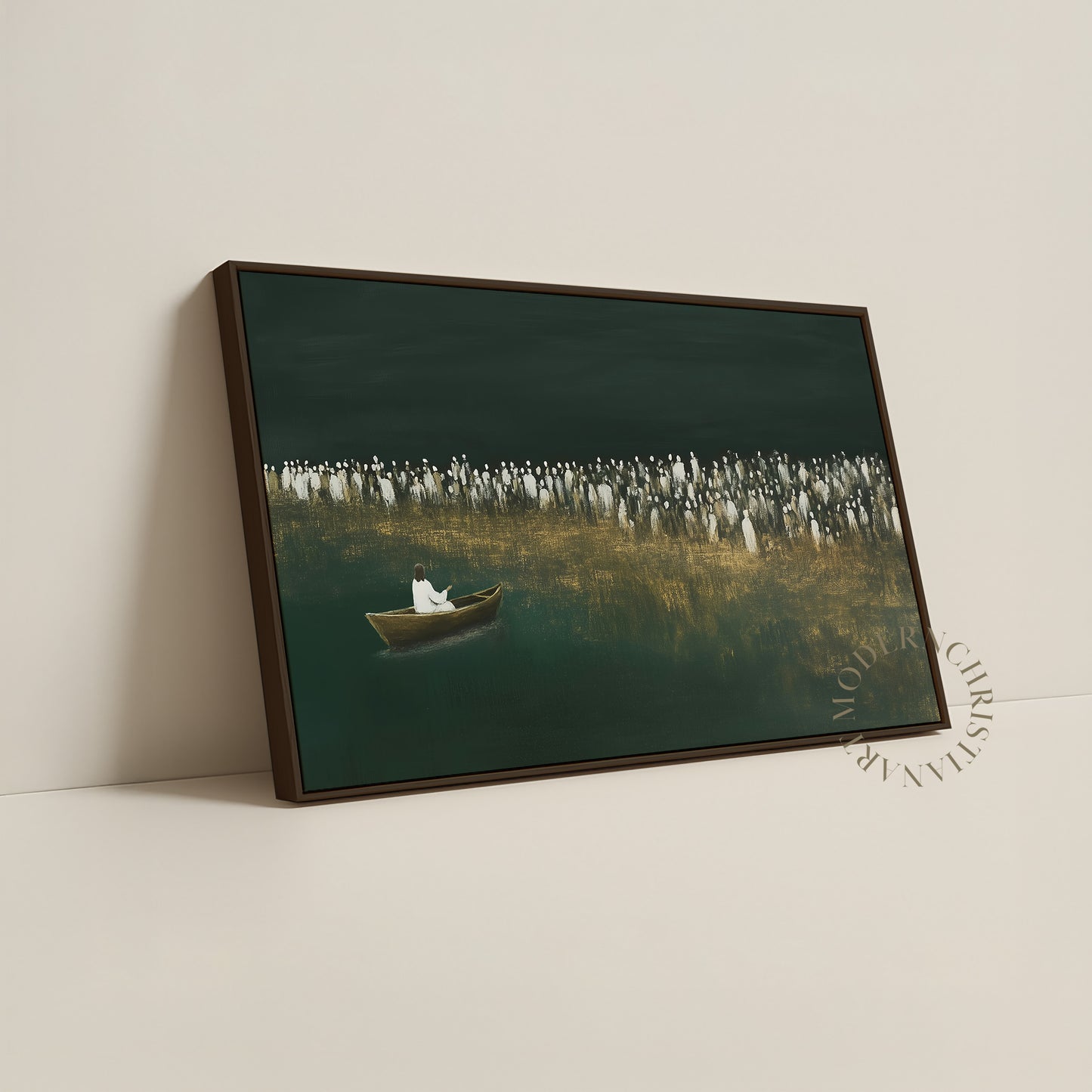 Jesus Teaching from the Boat Framed Canvas · Modern Christian Wall Art · Deep Emerald Green Painting