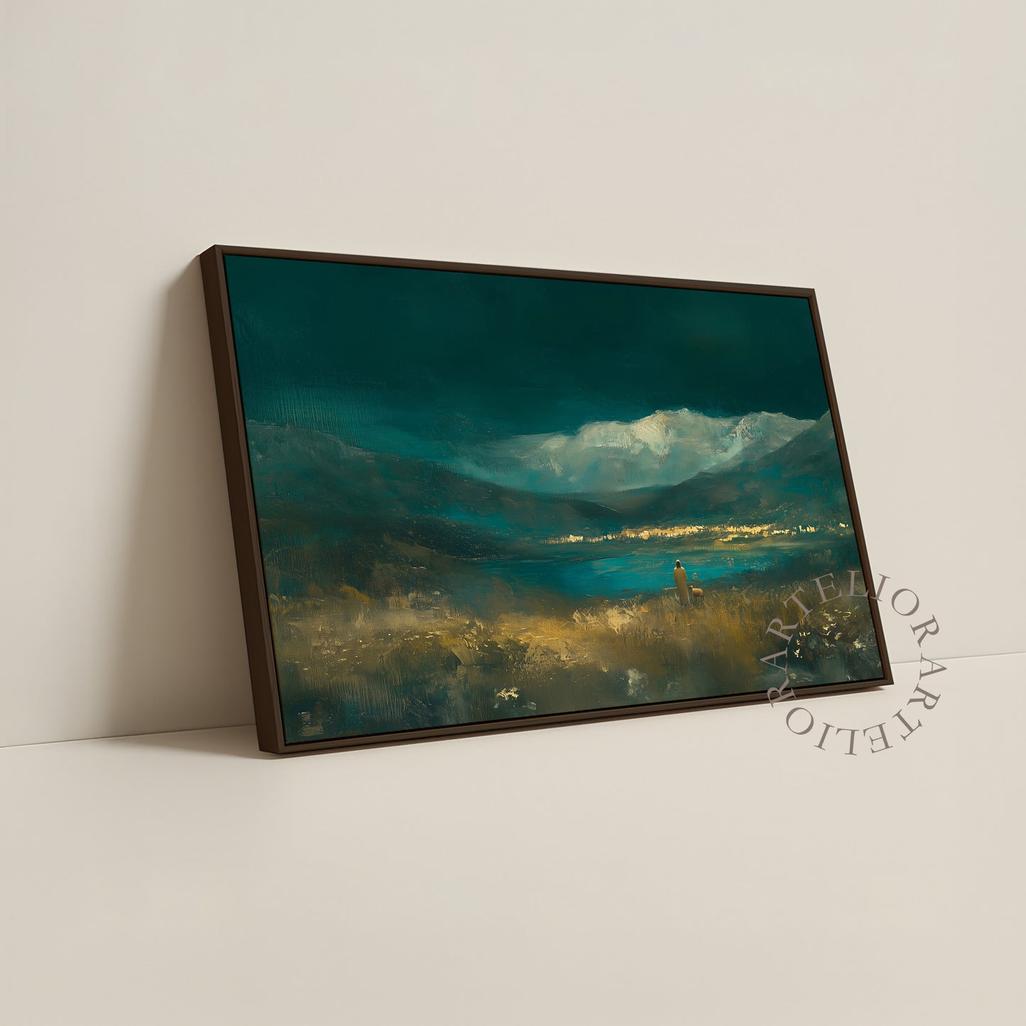 He Leads Me Beside Still Waters Framed Canvas Christian Wall Art, Psalm 23 Jesus and Sheep Emerald Green Landscape | Artelior