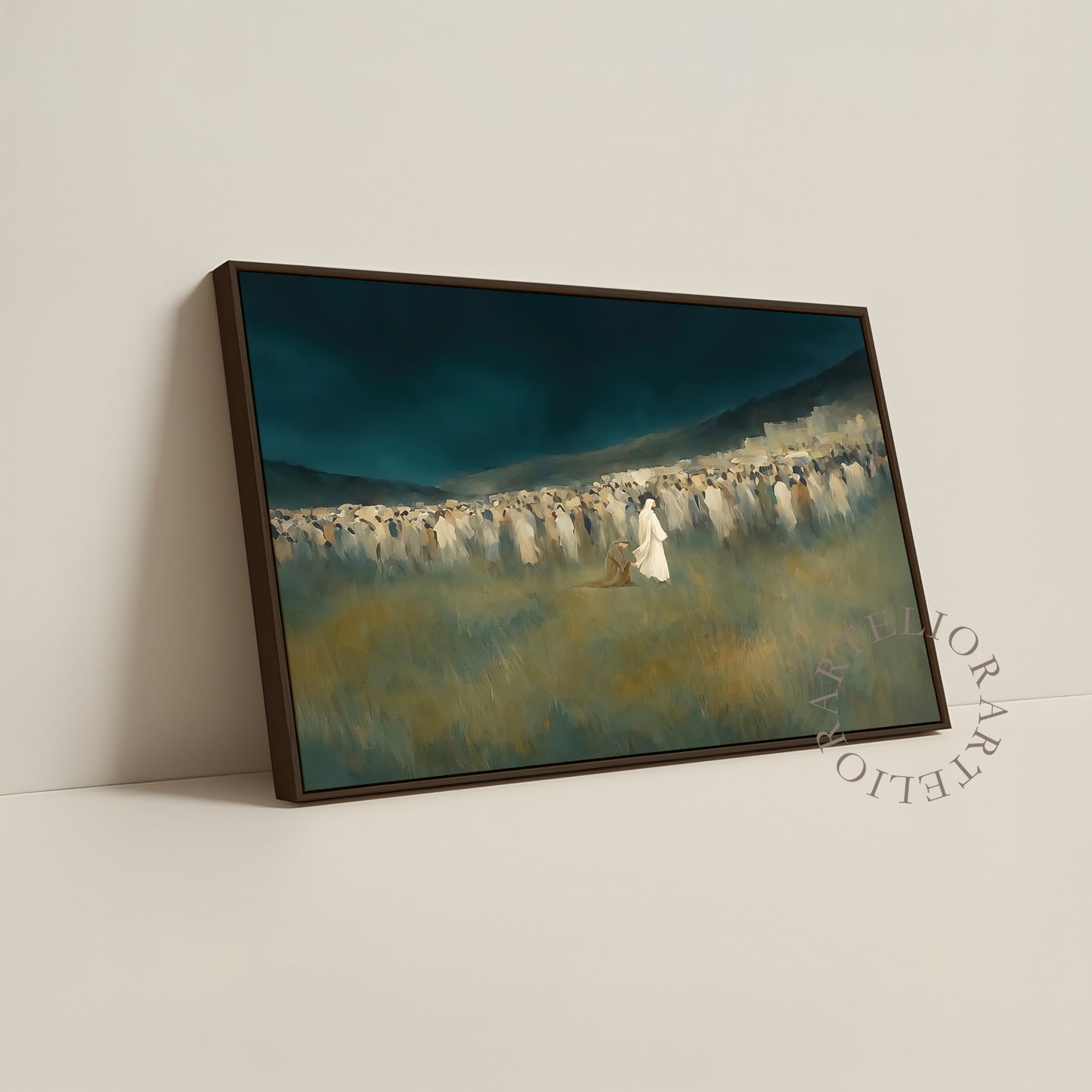 Woman Touched the Hem of Jesus Garment Framed Canvas Christian Wall Art, Green Blue Faith Healing Painting | Artelior