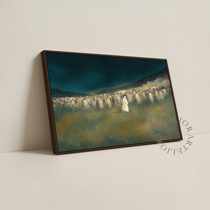 Woman Touched the Hem of Jesus Garment Framed Canvas Christian Wall Art, Green Blue Faith Healing Painting | Artelior