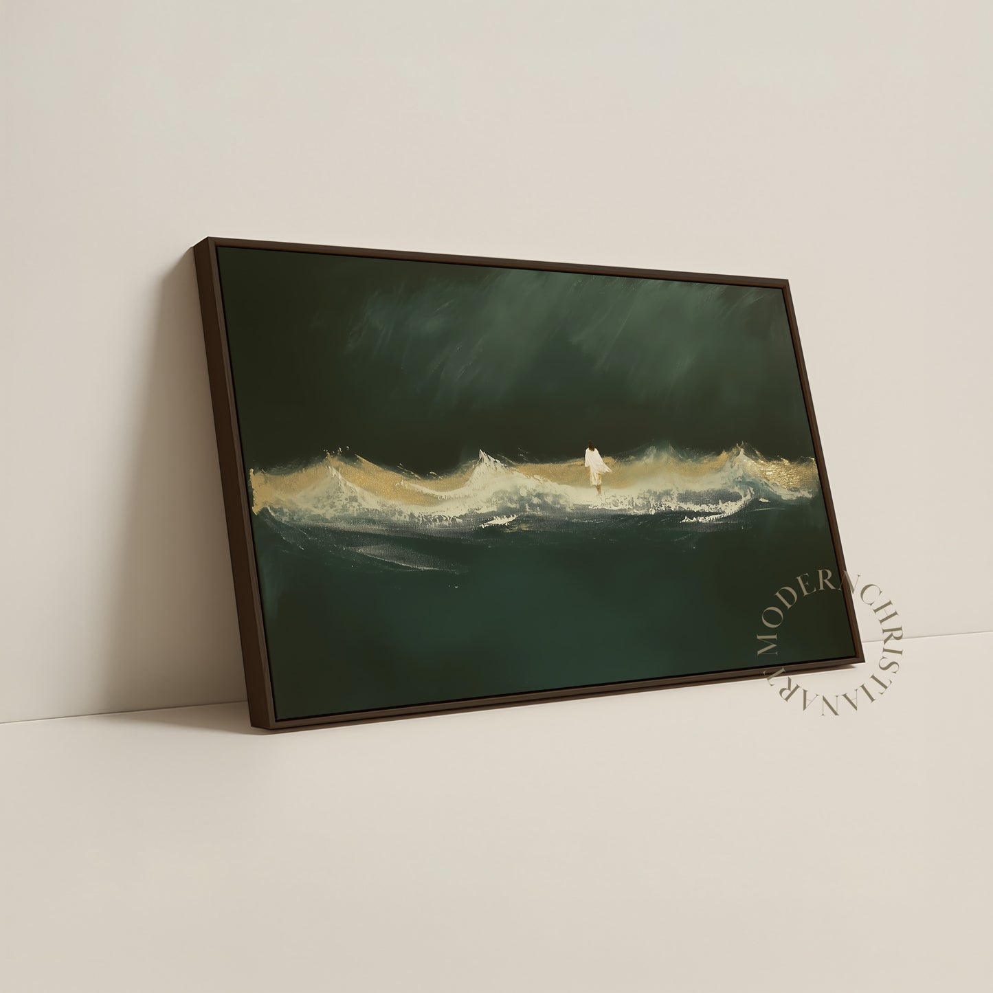 Jesus Walking on Water Framed Canvas · Modern Christian Wall Art · Deep Emerald Green Painting