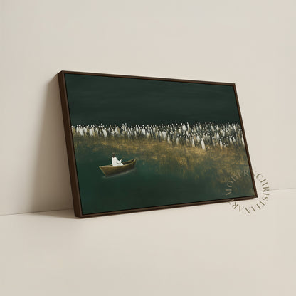 Jesus Teaching from the Boat Framed Canvas · Modern Christian Wall Art · Deep Emerald Green Painting