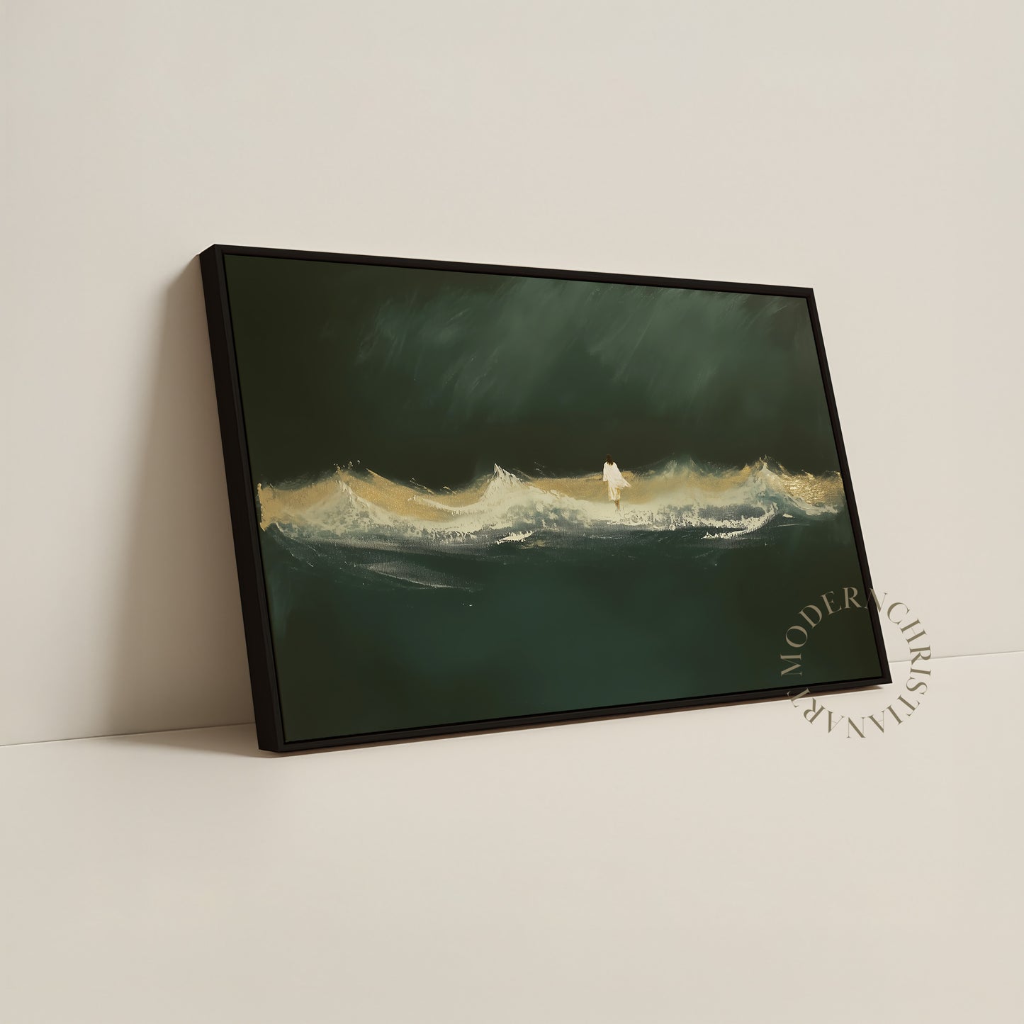 Jesus Walking on Water Framed Canvas · Modern Christian Wall Art · Deep Emerald Green Painting