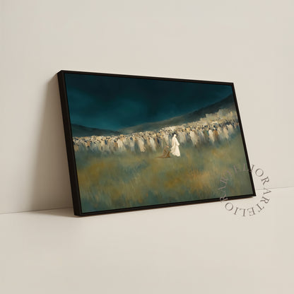Woman Touched the Hem of Jesus Garment Framed Canvas Christian Wall Art, Green Blue Faith Healing Painting | Artelior