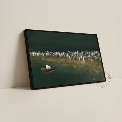 Jesus Teaching from the Boat Framed Canvas · Modern Christian Wall Art · Deep Emerald Green Painting