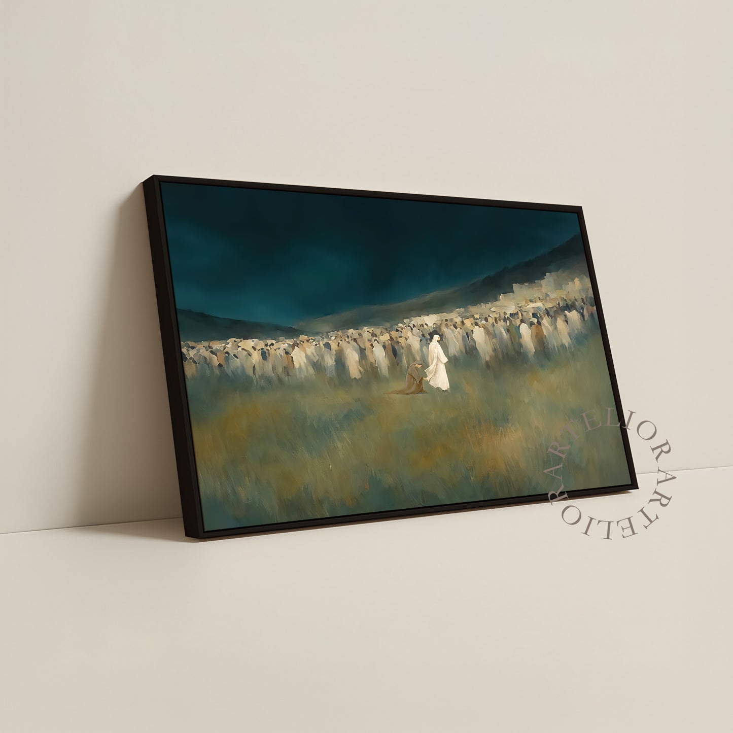 Woman Touched the Hem of Jesus Garment Framed Canvas Christian Wall Art, Green Blue Faith Healing Painting | Artelior