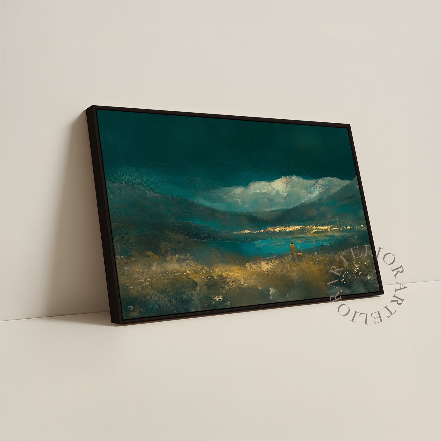 He Leads Me Beside Still Waters Framed Canvas Christian Wall Art, Psalm 23 Jesus and Sheep Emerald Green Landscape | Artelior
