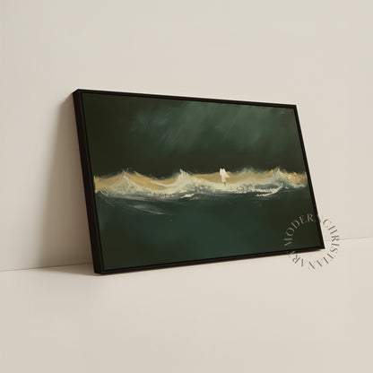 Jesus Walking on Water Framed Canvas · Modern Christian Wall Art · Deep Emerald Green Painting