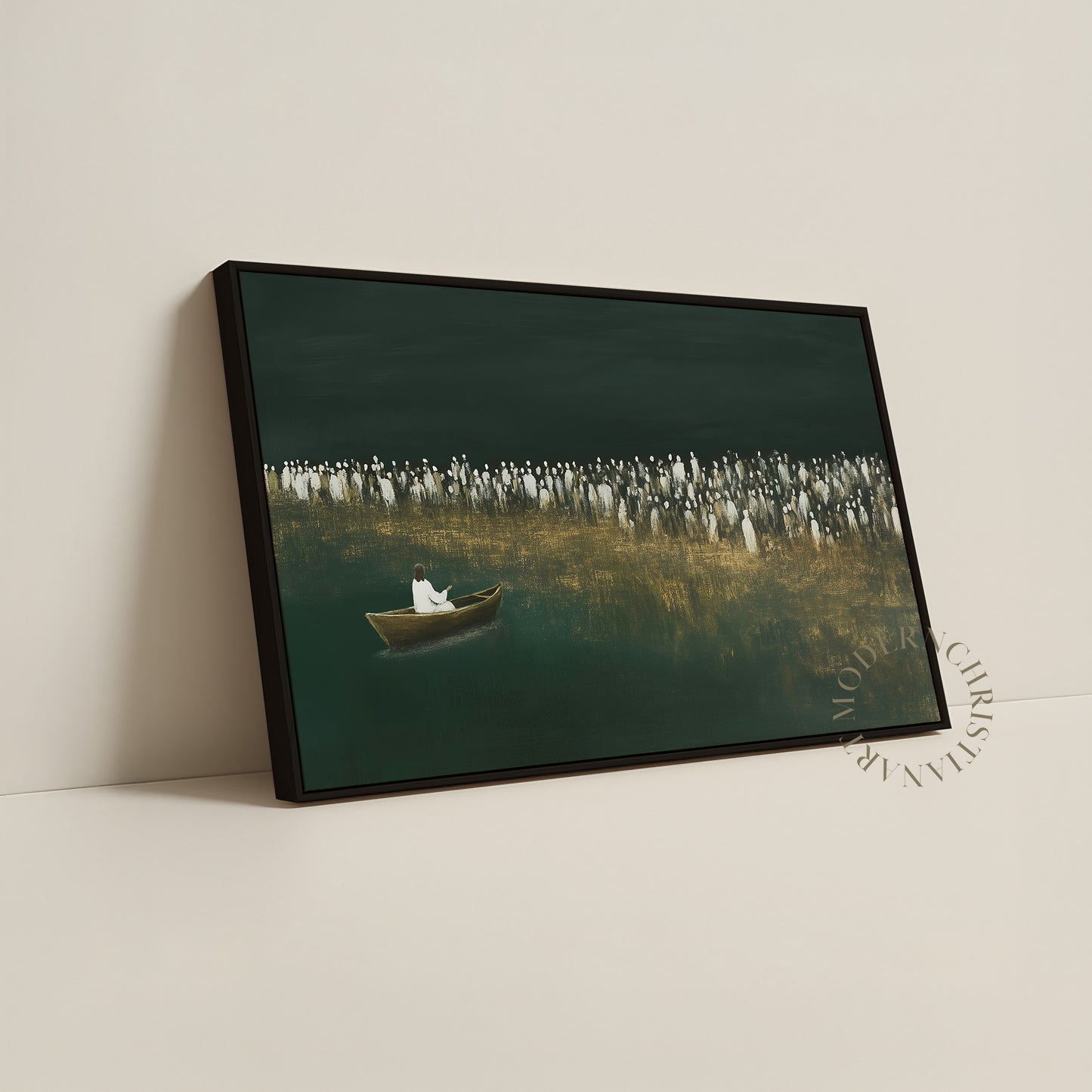 Jesus Teaching from the Boat Framed Canvas · Modern Christian Wall Art · Deep Emerald Green Painting