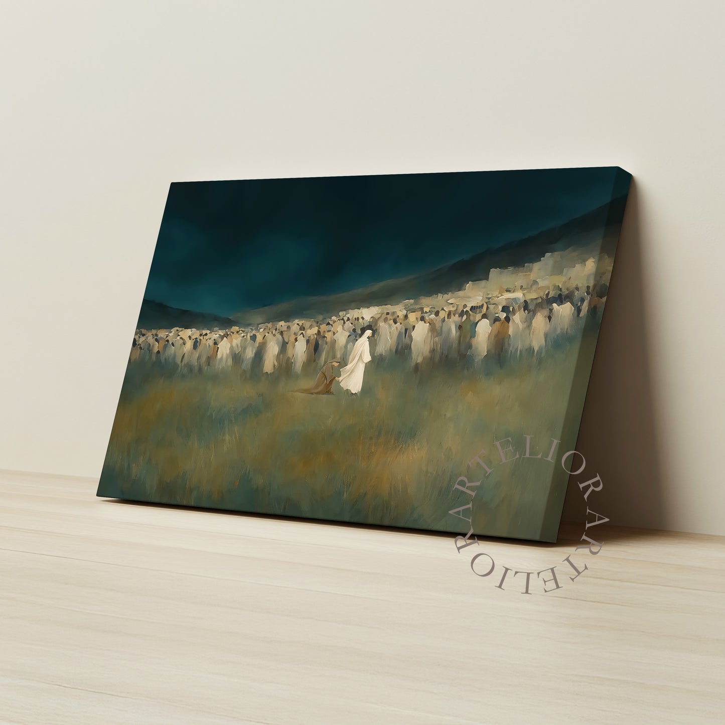 Woman Touched the Hem of Jesus Garment Framed Canvas Christian Wall Art, Green Blue Faith Healing Painting | Artelior