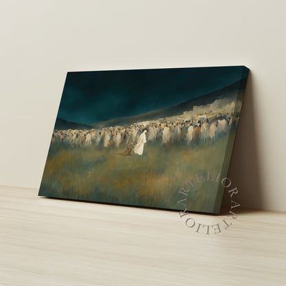 Woman Touched the Hem of Jesus Garment Framed Canvas Christian Wall Art, Green Blue Faith Healing Painting | Artelior