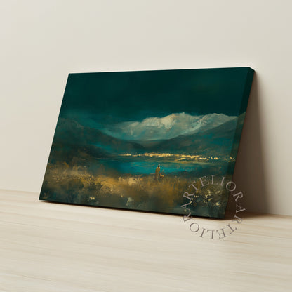 He Leads Me Beside Still Waters Framed Canvas Christian Wall Art, Psalm 23 Jesus and Sheep Emerald Green Landscape | Artelior