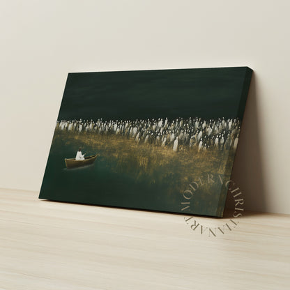 Jesus Teaching from the Boat Framed Canvas · Modern Christian Wall Art · Deep Emerald Green Painting