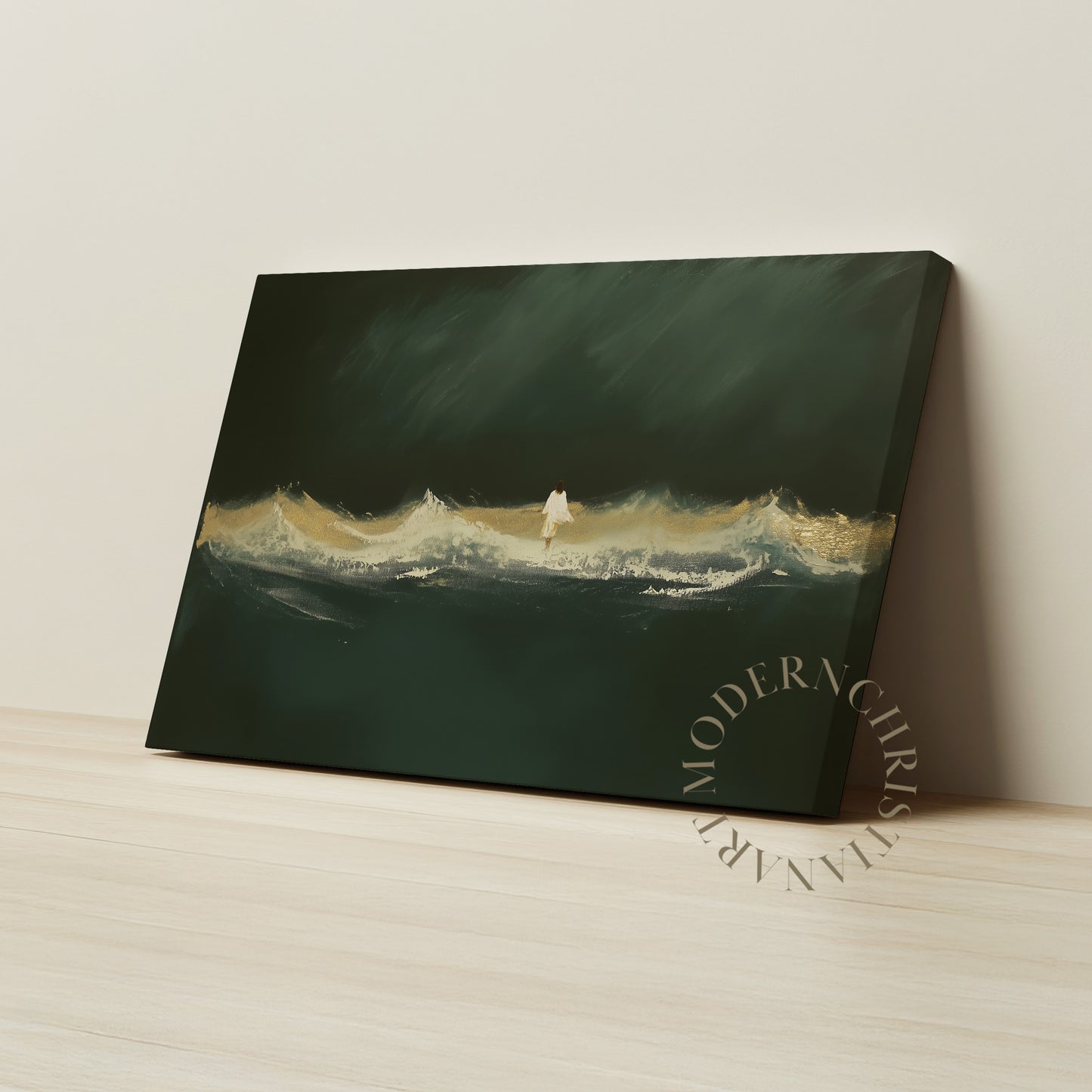 Jesus Walking on Water Framed Canvas · Modern Christian Wall Art · Deep Emerald Green Painting