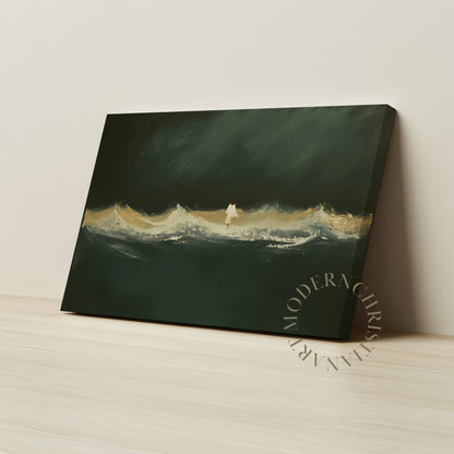 Jesus Walking on Water Framed Canvas · Modern Christian Wall Art · Deep Emerald Green Painting