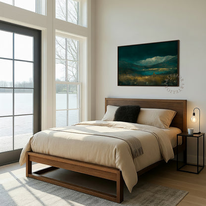 He Leads Me Beside Still Waters Framed Canvas Christian Wall Art, Psalm 23 Jesus and Sheep Emerald Green Landscape | Artelior