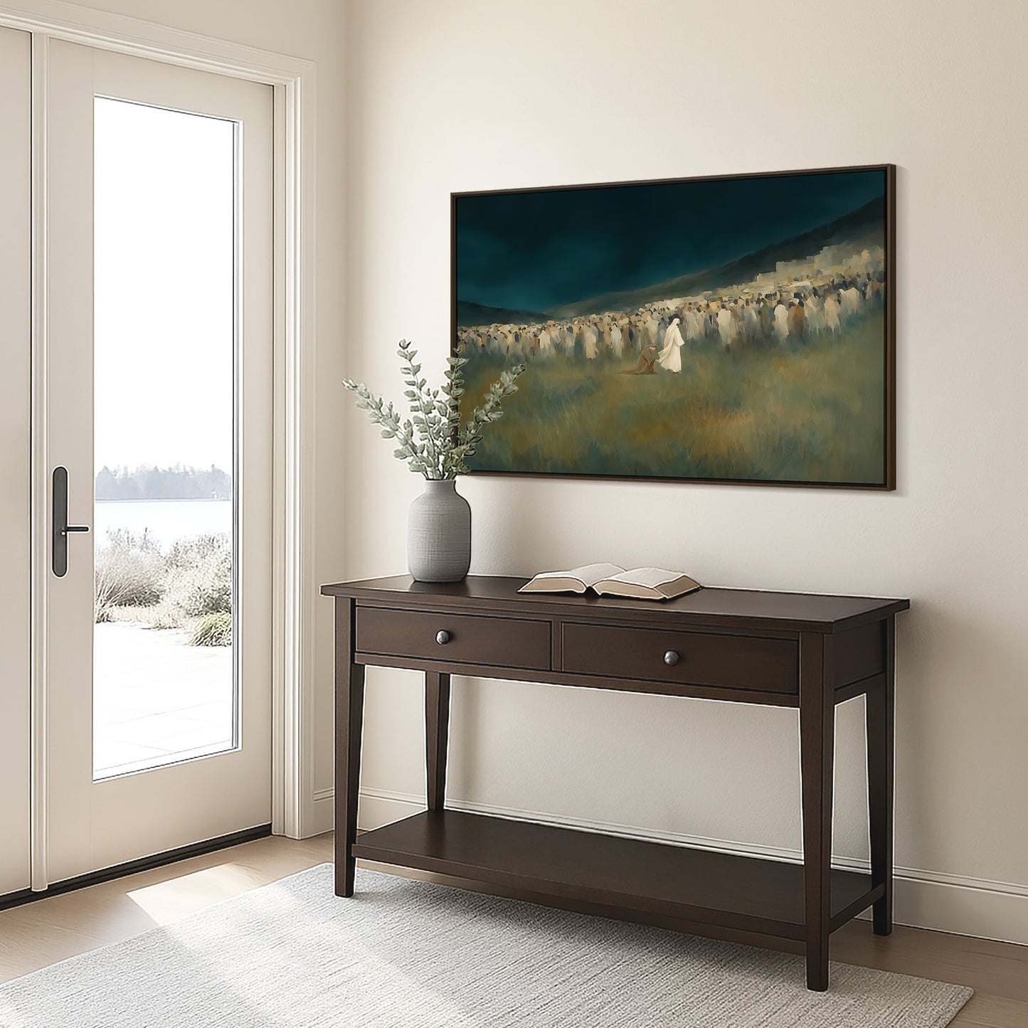 Woman Touched the Hem of Jesus Garment Framed Canvas Christian Wall Art, Green Blue Faith Healing Painting | Artelior