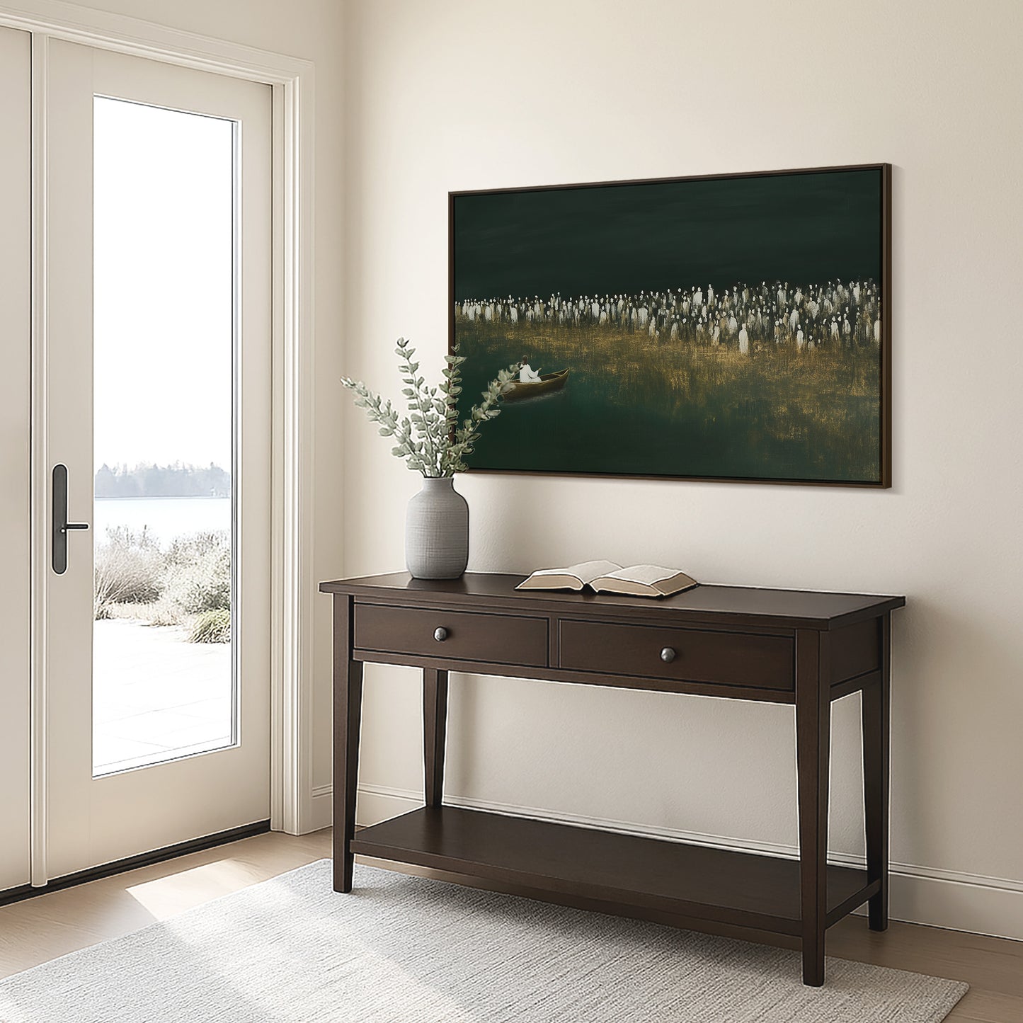 Jesus Teaching from the Boat Framed Canvas · Modern Christian Wall Art · Deep Emerald Green Painting