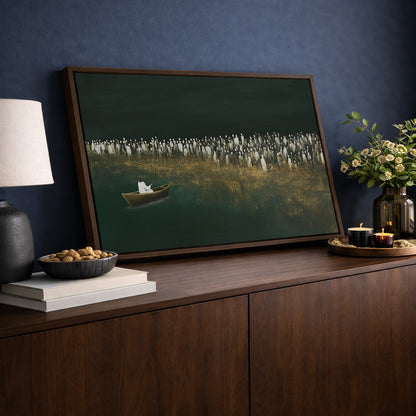 Jesus Teaching from the Boat Framed Canvas · Modern Christian Wall Art · Deep Emerald Green Painting