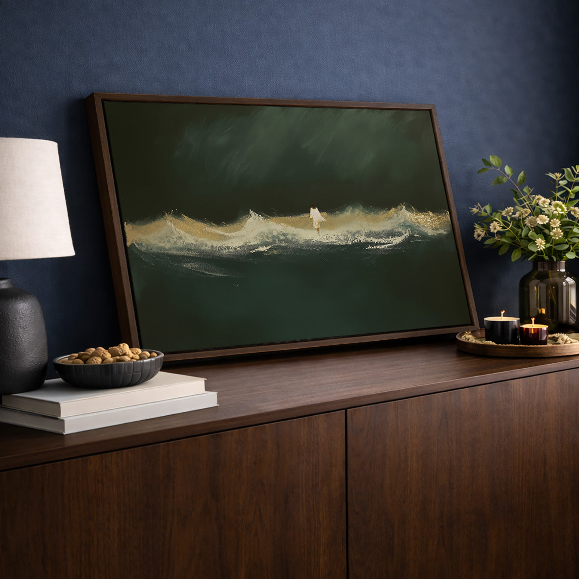 Jesus Walking on Water Framed Canvas · Modern Christian Wall Art · Deep Emerald Green Painting