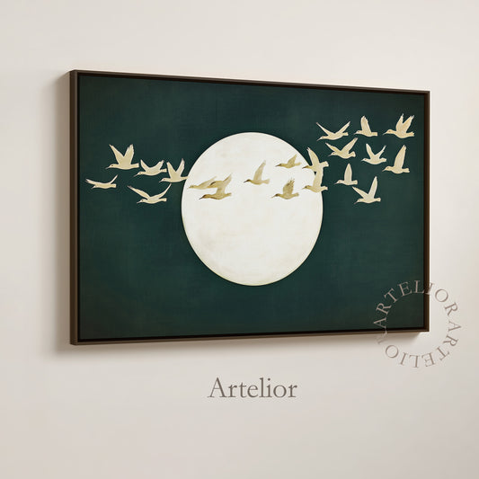 Modern Christian Wall Art of birds of the air across a glowing sun against a deep green background, inspired by Matthew 6:26, by Artelior.  