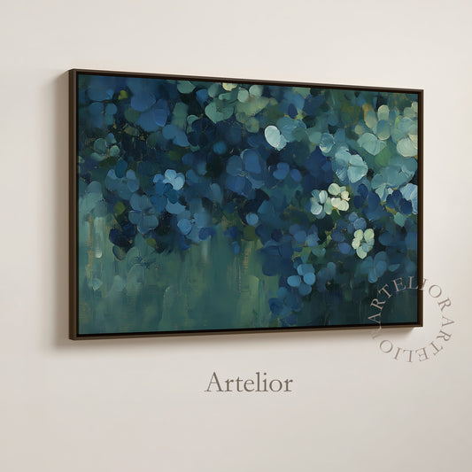 Blue hydrangea modern floral wall art framed canvas, soft teal green botanical canvas painting for peaceful, faith-filled home decor by Artelior
