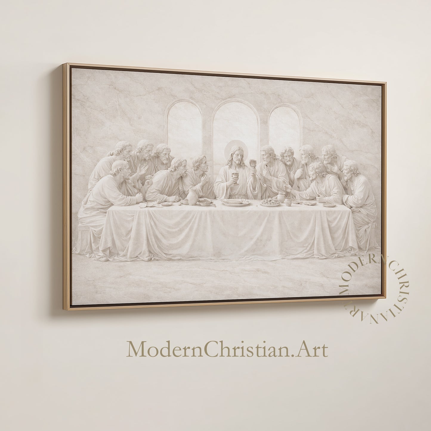Last Supper Christian wall art framed canvas in neutral beige, modern minimalist religious decor for living room, dining room or church office.