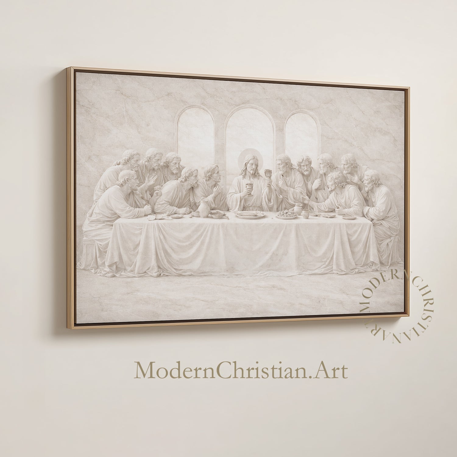Last Supper Christian wall art framed canvas in neutral beige, modern minimalist religious decor for living room, dining room or church office.