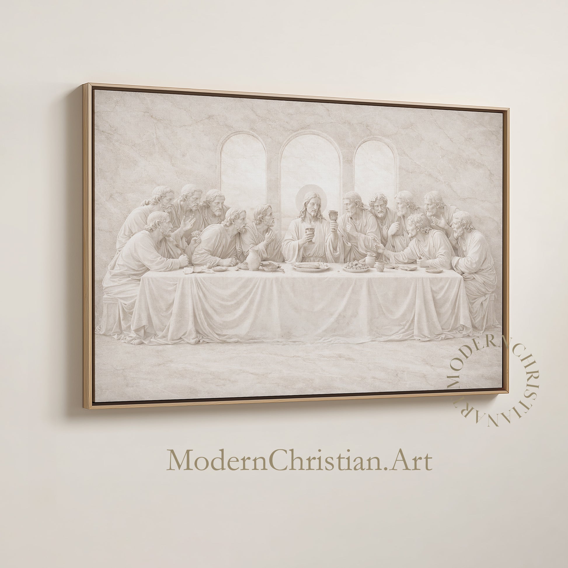 Last Supper Christian wall art framed canvas in neutral beige, modern minimalist religious decor for living room, dining room or church office.