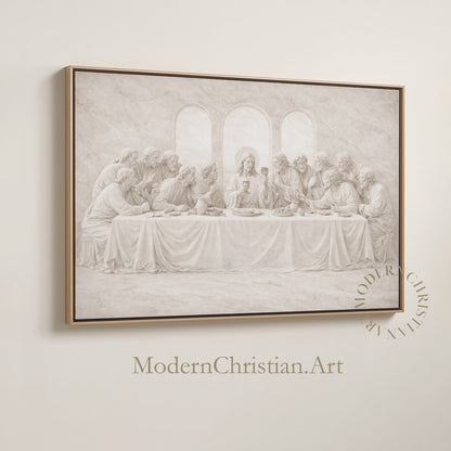Last Supper Christian wall art framed canvas in neutral beige, modern minimalist religious decor for living room, dining room or church office.