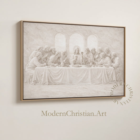 Last Supper Christian wall art framed canvas in neutral beige, modern minimalist religious decor for living room, dining room or church office.