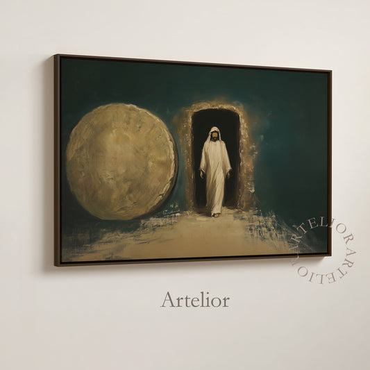 Modern painting of Jesus Christ stepping out from the Garden Tomb into radiant light, symbolizing hope and the Resurrection; elegant Christian wall art by Artelior.