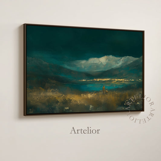 Jesus standing beside still waters with His sheep, emerald green mountain landscape Christian framed canvas wall art by Artelior