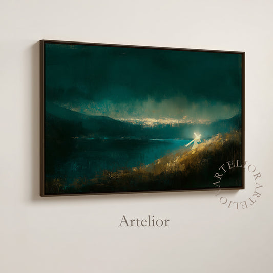 Jesus Carrying the Cross Framed Canvas Wall Art, John 8:12 Light of the World Painting, Dark Green Blue Christian Decor | Artelior