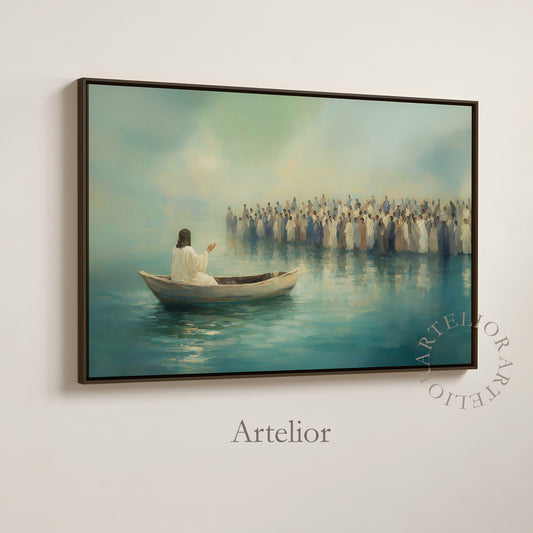 Serene Christian painting of Jesus teaching the multitude from a boat on calm teal waters by Artelior.