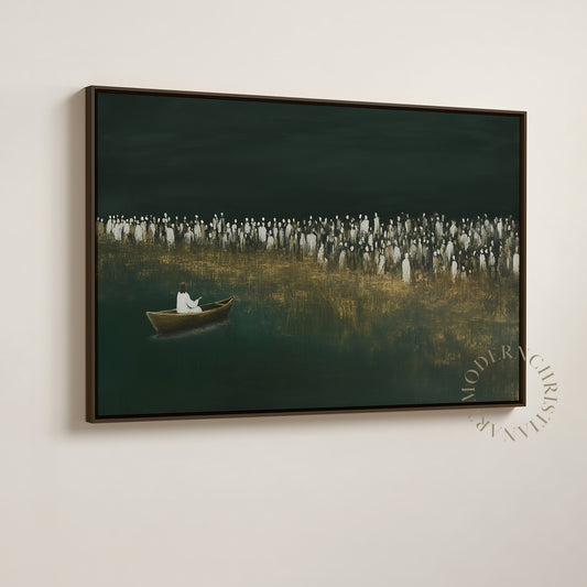 Modern Fine Art painting of Jesus teaching the multitude from a boat on a deep emerald green sea with soft beige textures, by Modern Christian Art.