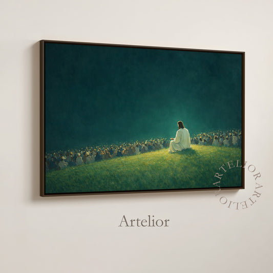 Jesus teaching the Sermon on the Mount to a crowd on a hillside in soft green tones, Christian wall art framed canvas by Artelior