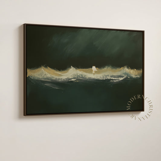 Modern Vintage Wall Art of Jesus walking on water, emerald green waves with beige accents, inspired by Matthew 14:27, by Modern Christian Art.