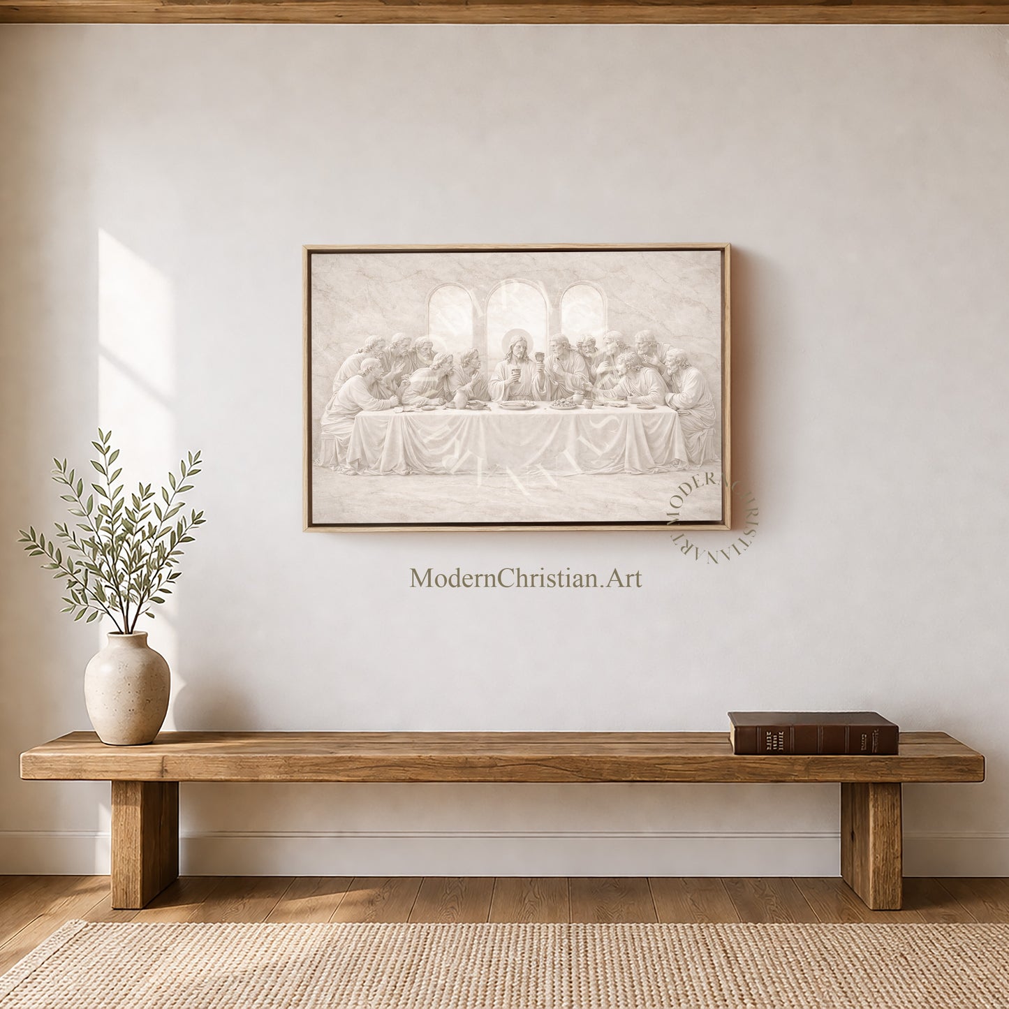 Last Supper Wall Art Framed Canvas, Neutral Christian Decor