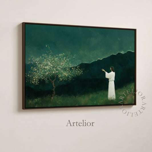 Modern Christian Wall Art of Jesus holding a tiny mustard seed, set before a blooming mustard tree and dark green mountain landscape, inspired by Matthew 17:20, by Artelior.